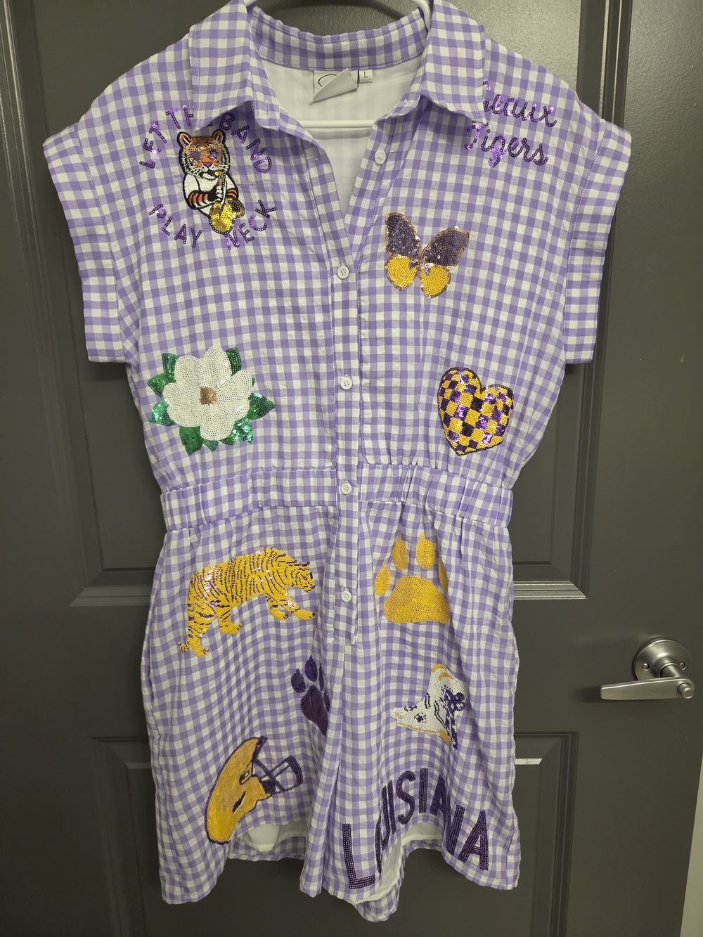 NWOT Lilac Gingham Embroidered Patch Romper- Purple & Yellow
